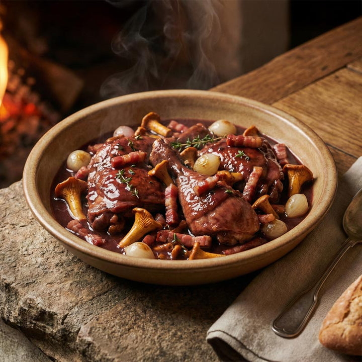 Coq au vin, aux lardons et girolles