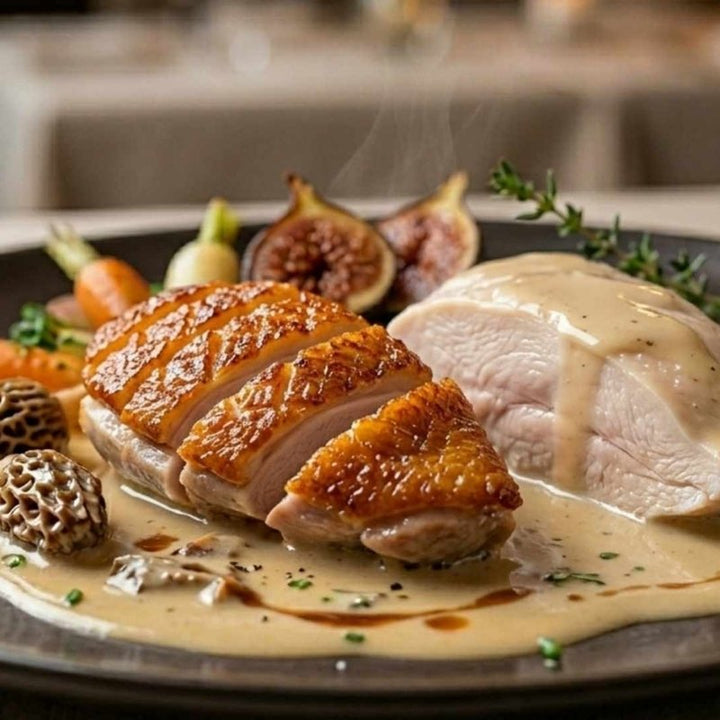 Poularde de Bresse en deux Cuissons et sa crème de morilles au vin jaune