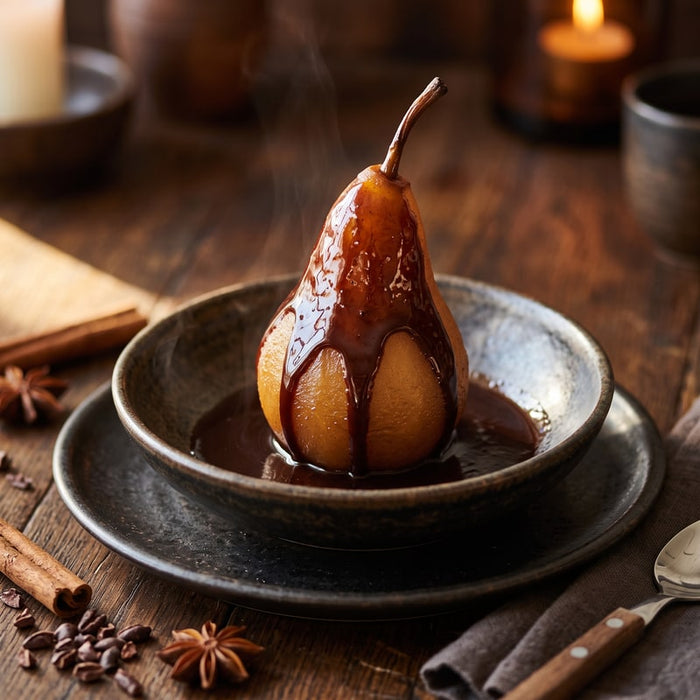 Poire pochée au cacao
